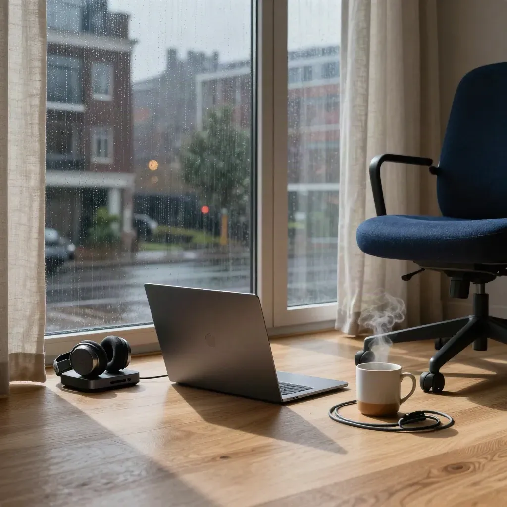 Natte thuiswerkplek met gesloten laptop, headset, mok en stoel in ochtendregen.