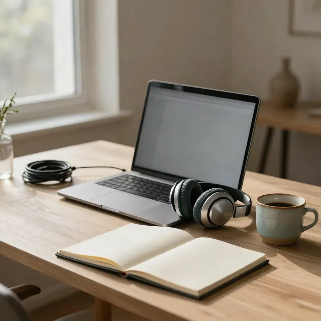 Thuiskantoorhoek met gesloten laptop, headset, notitieboek en koffiekop in zacht ochtendlicht.