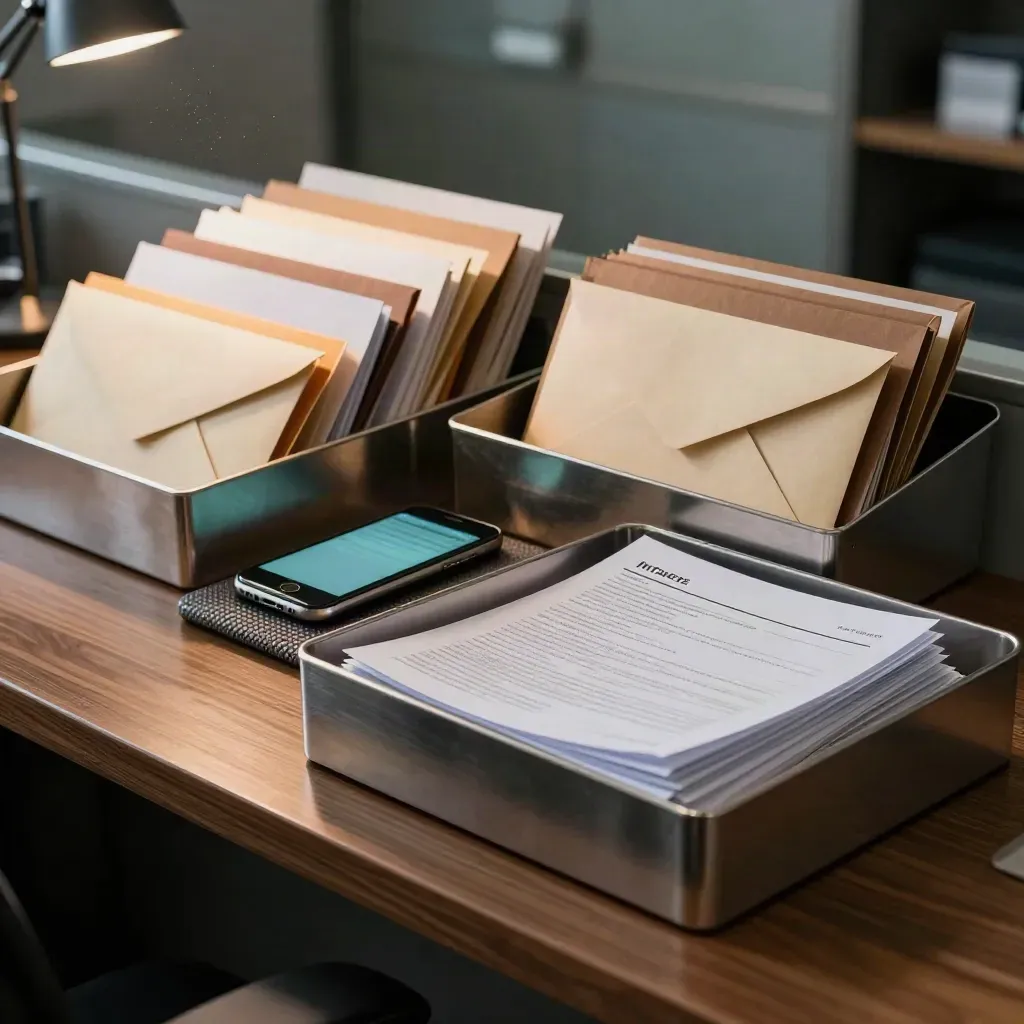 Geordende tech-recruitment inbox met trays, telefoon en papieren op een warm bureau.
