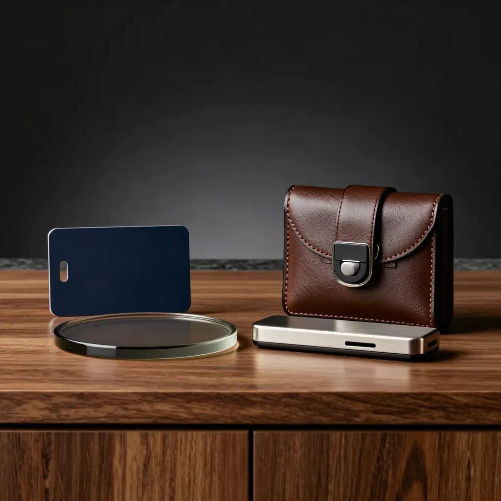 Donker houten still life met pasje, glazen coaster, docking puck en leren etui.