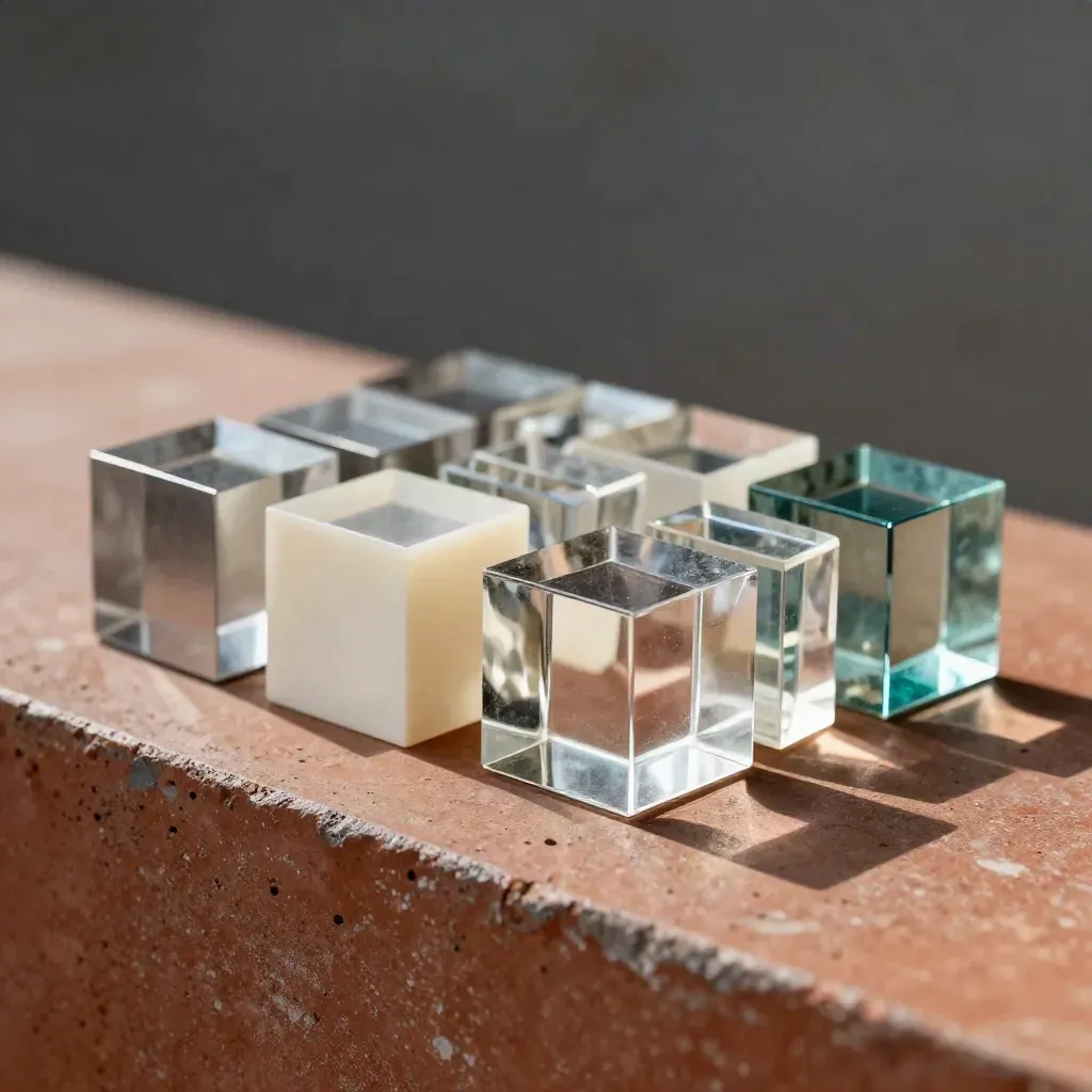Acrylcubes, metalen plaat en kabelbinders op terracotta werkvlak in zacht daglicht.