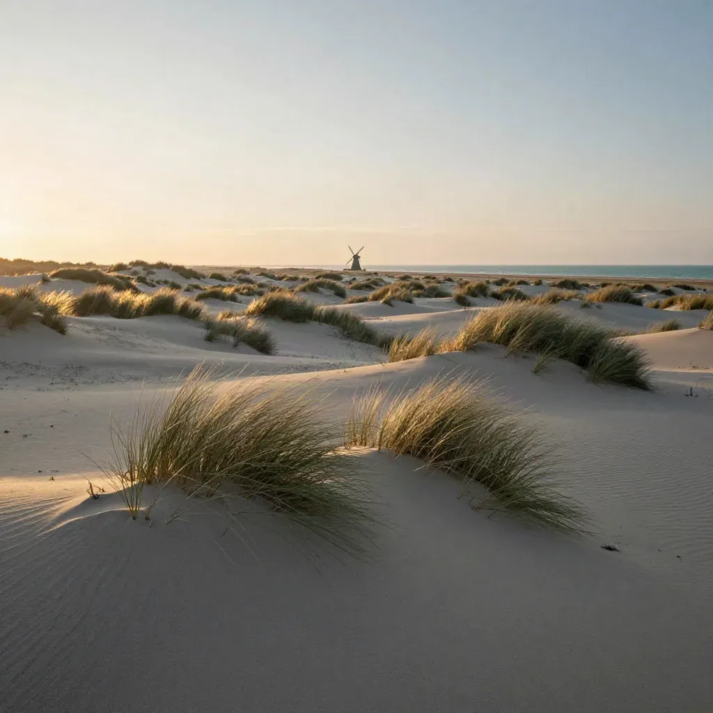 Noord-Hollandse duinen met windmolen bij warme zonsondergang en rustige kustlijn