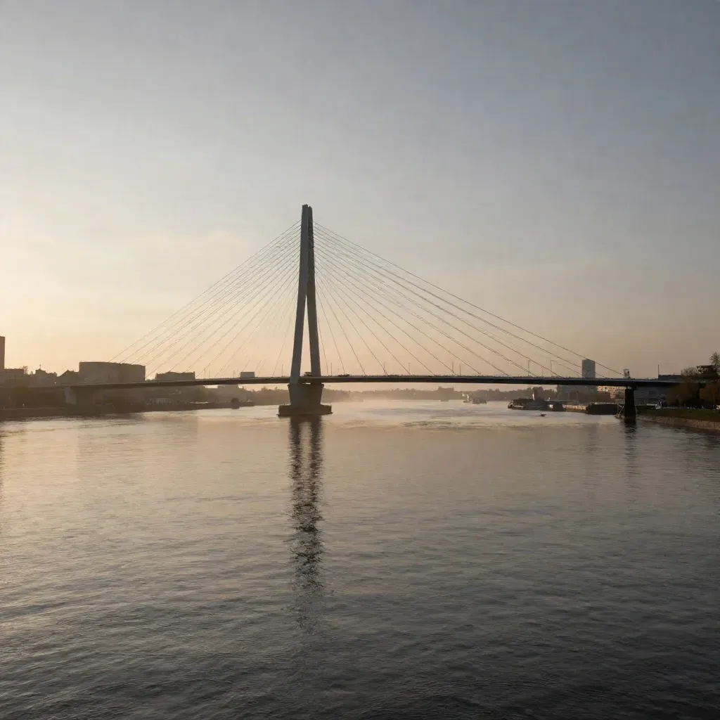 Erasmusbrug boven rustige rivierdelta in warme avondnevel bij Zuid-Holland